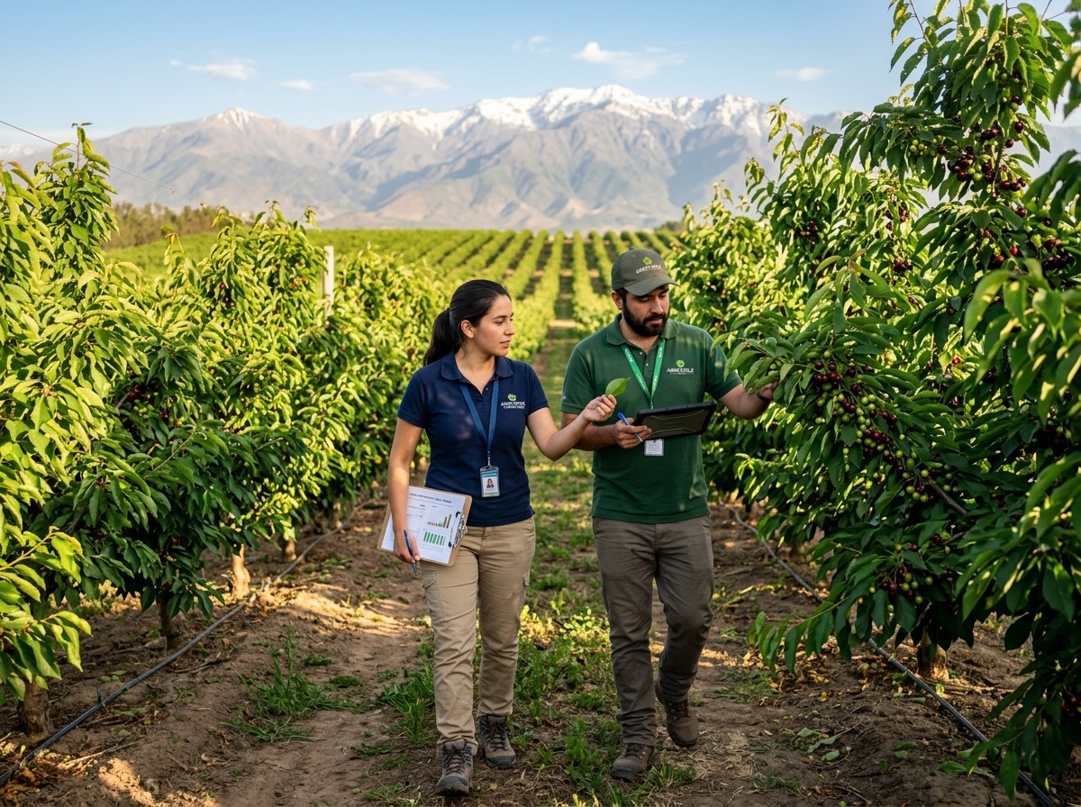 Equipo de ingenieros agrónomos de PRAMN en huerto frutal de exportación en Chile